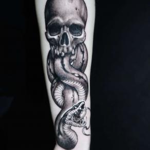Crâne et serpent réalistes tatoués sur bras par Jérémy Fatneedle