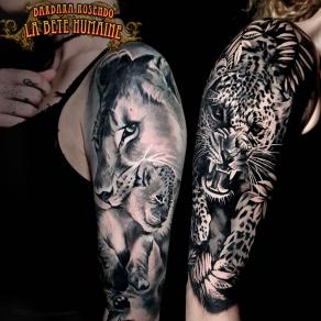 Barbara Rosendo, tatoueuse à Paris - Deux bras recouverts de grands félins réalistes en noir et gris