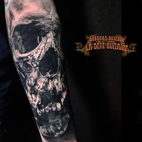 Skull réaliste à grande échelle tatouée en noir et gris par Barbara Rosendo