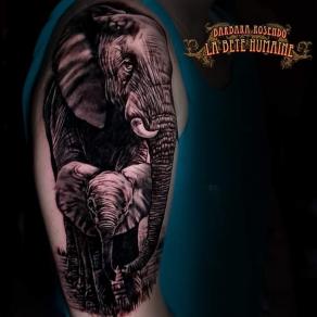 Éléphante et éléphanteau tatoués en réalisme par Barbara Rosendo