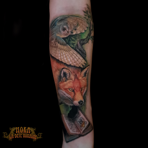 Moka, tatoueur à Paris - Une chouette et un renard intéressés par One Piece