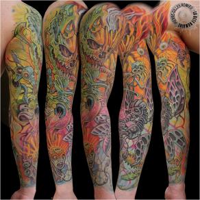 Pierre-Gilles Romieu_la_bete_humaine_tattoo_couleur_bras_demons_newschool